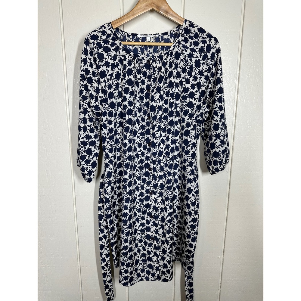 Collective Concepts Dress Womens M Navy White Floral Button Front Tie Waist 7574